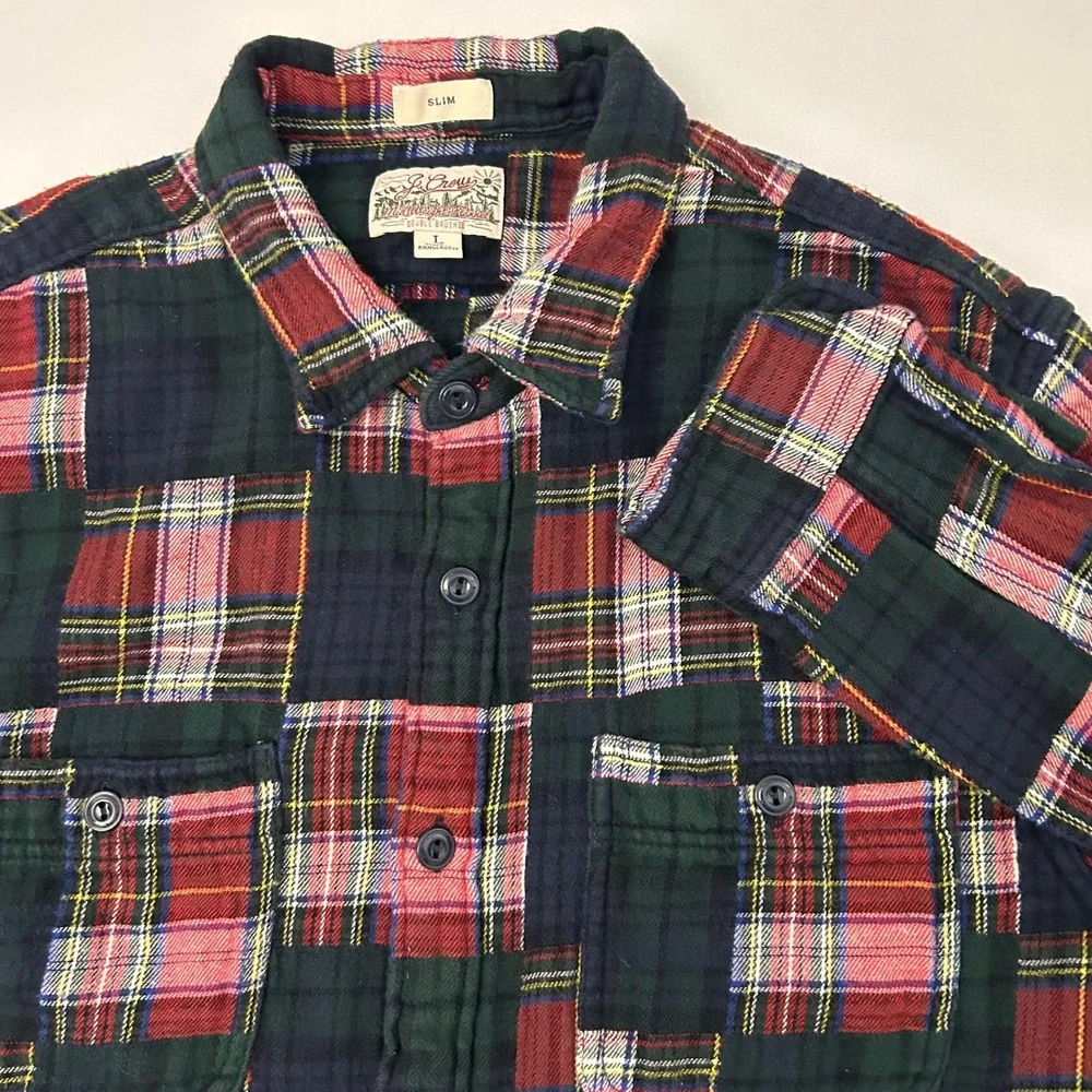 J.Crew Shirt Mens L Red‎ Blue Plaid Patchwork Flannel Double Brushed Slim Fit